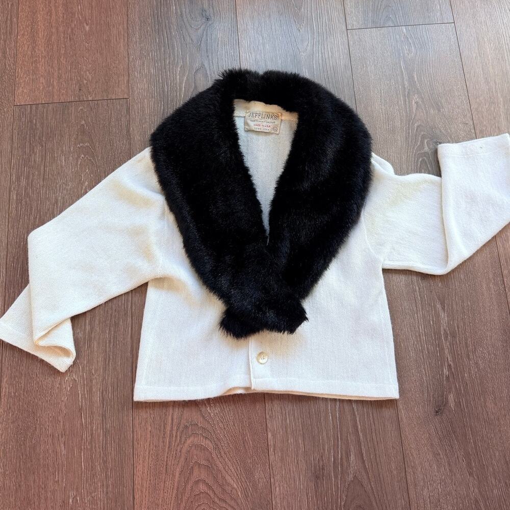 Vintage 70'S JEFFLINKS Acrylic Faux Fur Collar Knit Cardigan Made in USA Large